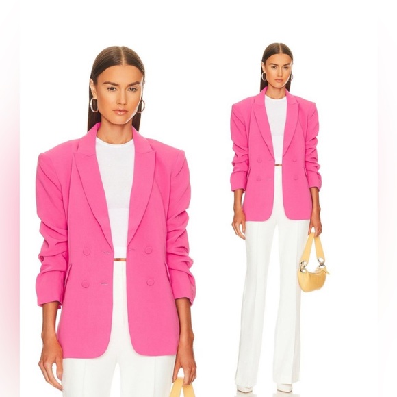 NWT Cinq à Sept Kris Crepe Blazer Jacket Ruched Sleeves Sz 0 pink azalea - Picture 3 of 14